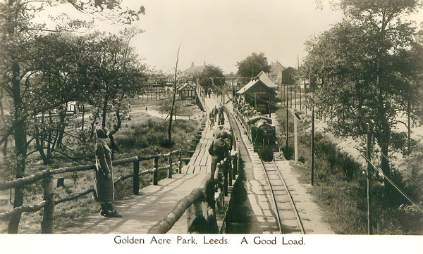 1930s postcard showing the miniature railway at Golden Acre Park in Leeds 