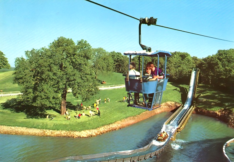 1980s postcard of Alton towers showing the chairlift and log flume
