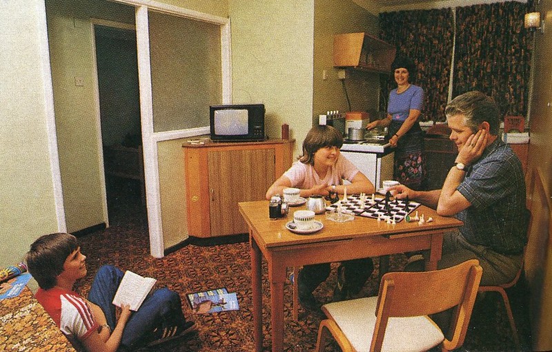 1970s photo of Pontins Southport holiday camp showing a chalet interior