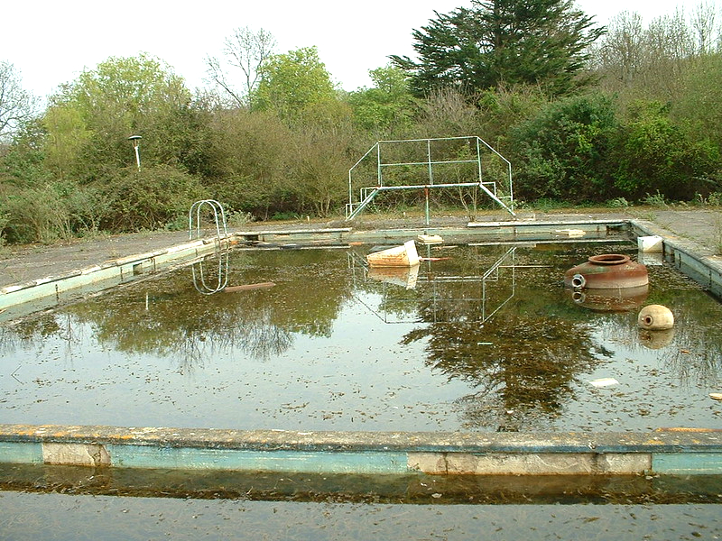 derelict remains of Warner's woodside bay holiday camp showing the outside swimming pool