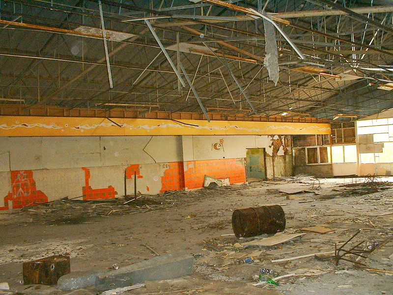 derelict remains of Warner's woodside bay holiday camp showing the interior of the dining hall