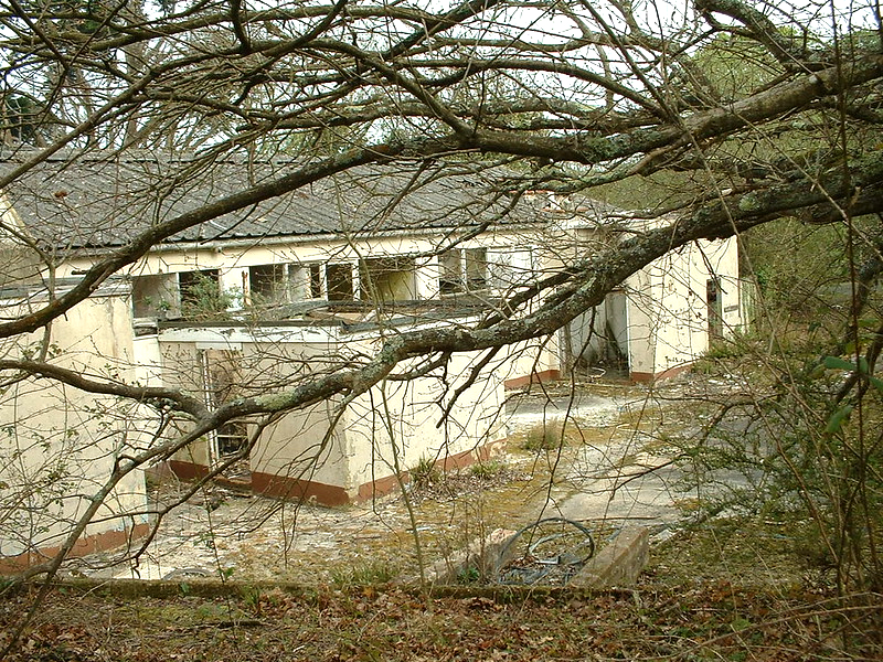 derelict remains of Warner's woodside bay holiday camp showing the exterior of the kitchen