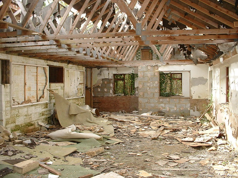 derelict remains of Warner's woodside bay holiday camp showing the sports building