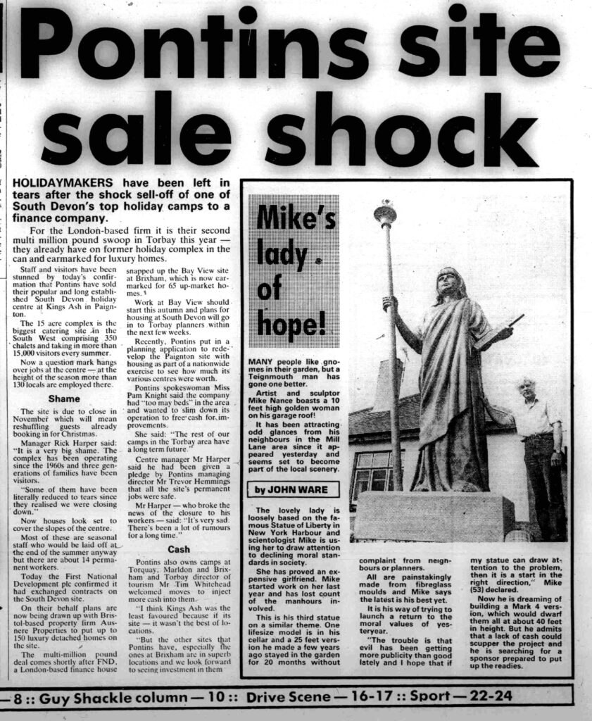 1988 press cutting announcing the closure of Pontins south Devon holiday camp