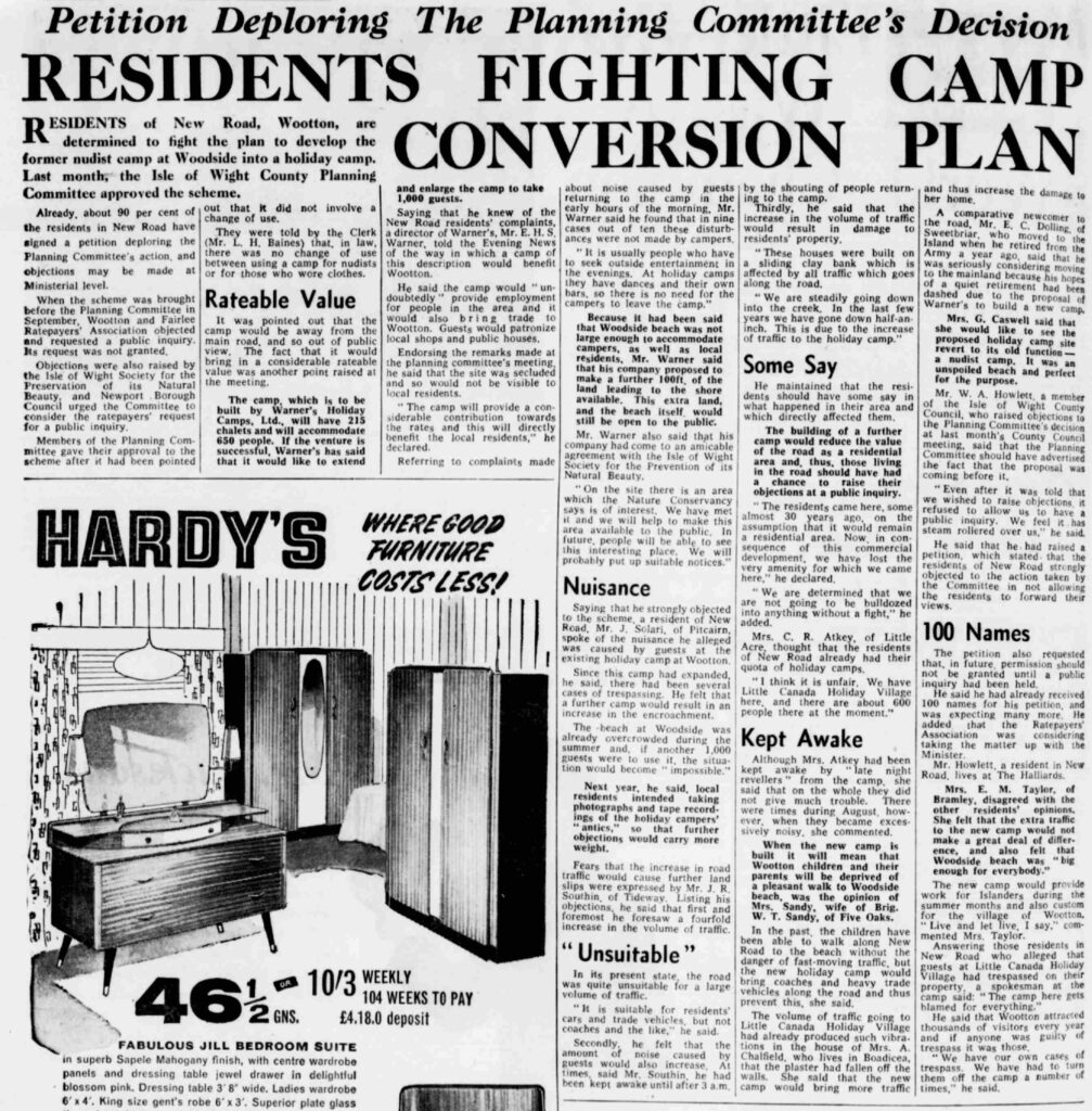 Warner's woodside bay holiday camp press cutting from 1962 about locals objecting