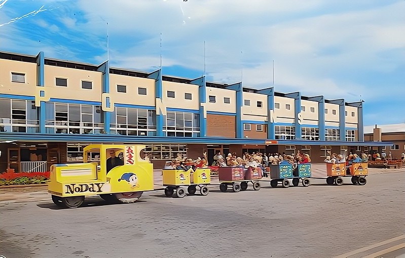 1970s photo showing the noddy train and main entertainment building at Pontins prestatyn