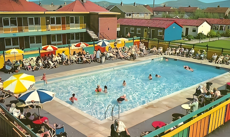 Derbyshire Miners Holiday Camp, Rhyl 1960s postcard showing the swimming pool at the Derbyshire Miners Holiday Camp, Rhyl