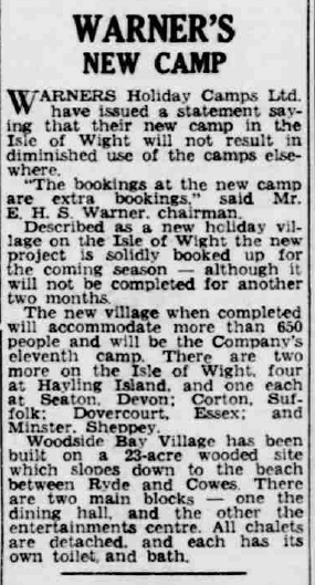Warner's woodside bay holiday camp press cutting from 1962