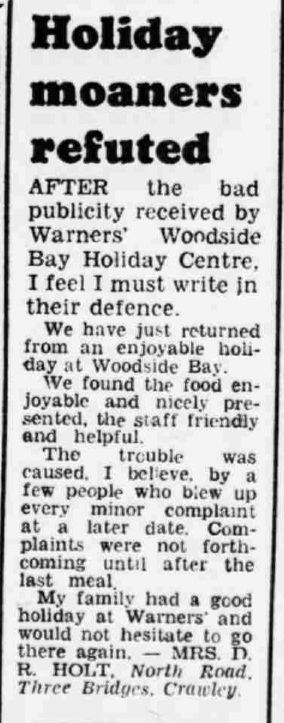Warner's Woodside Bay Holiday Camp press cutting from 1975 regarding the camper revolt