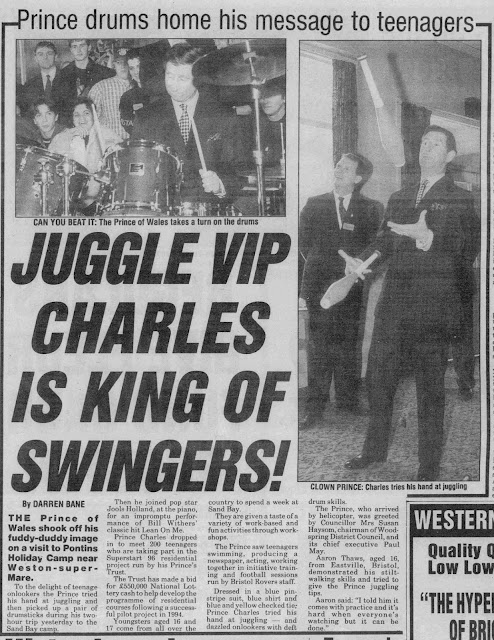 1996 press cutting about pronce Charles visiting Pontins Sand bay holiday camp