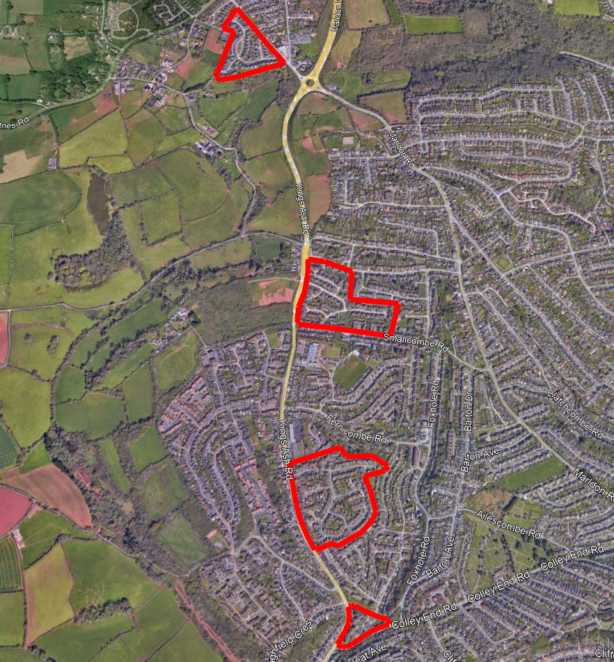 Map showing the locations of the four old holiday camps in Paignton. Torbay Chalet Hotel at the top, then Devon Coast Country Club, Pontins South Devon and Paignton Holiday Camp at the bottom. All four are now covered with housing