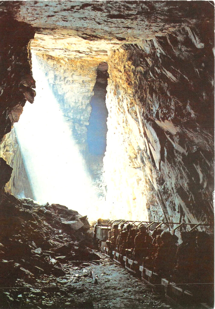 1970s postcard showing the Miners Tramway at Llechwedd Slate Caverns