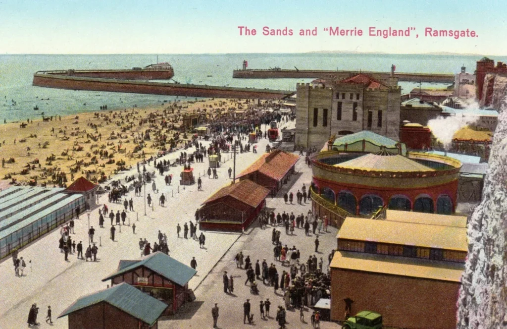 vintage postcard of ramsgate beach and Merrie england amusement park