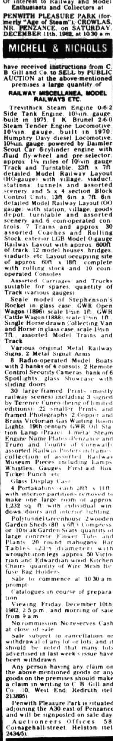 1982 press cutting of the auction selling the contents of Penwith Pleasure Park