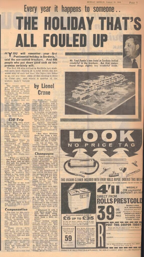 History of Pontinental Holidays 1963 press cutting about Pontinental hotel in Sardinia not being ready on time