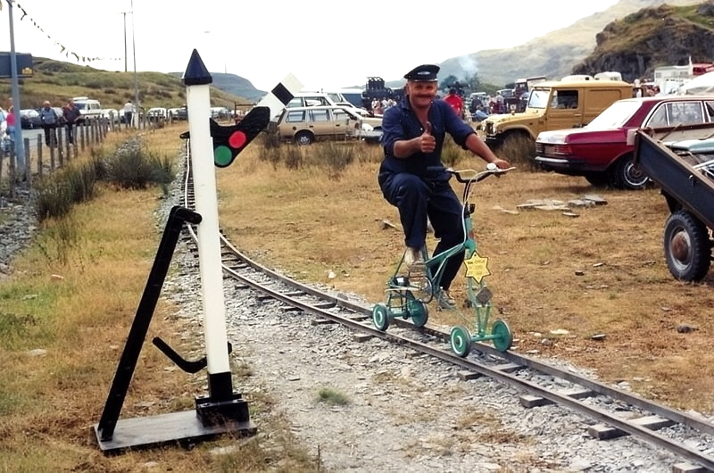 Rich Morris demonstrating the rail cycle. Festival of Transport, Blaenau Ffestiniog 1990