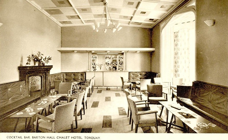 Vintage 1950s postcard of the cocktail bar at Barton Hall in Torquay