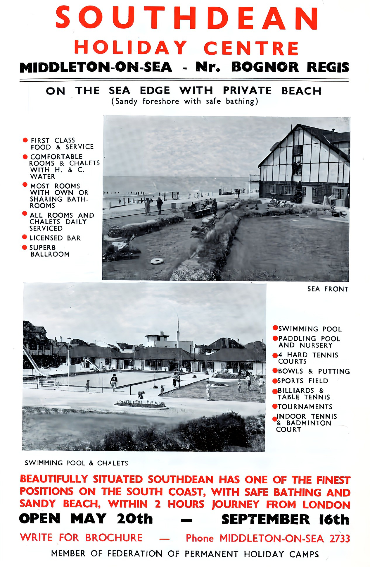 1961 advert showing the Southdean Holiday Centre in Middleton on Sea
