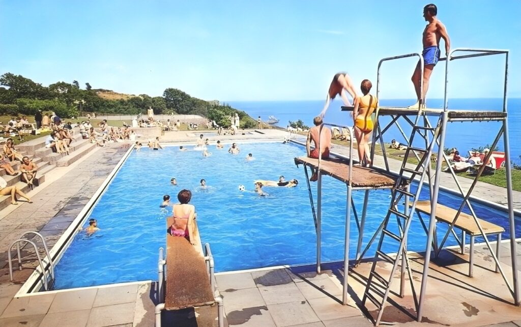 1970s photos of St Mary's Bay Holiday Camp, Brixham showing the swimming pool