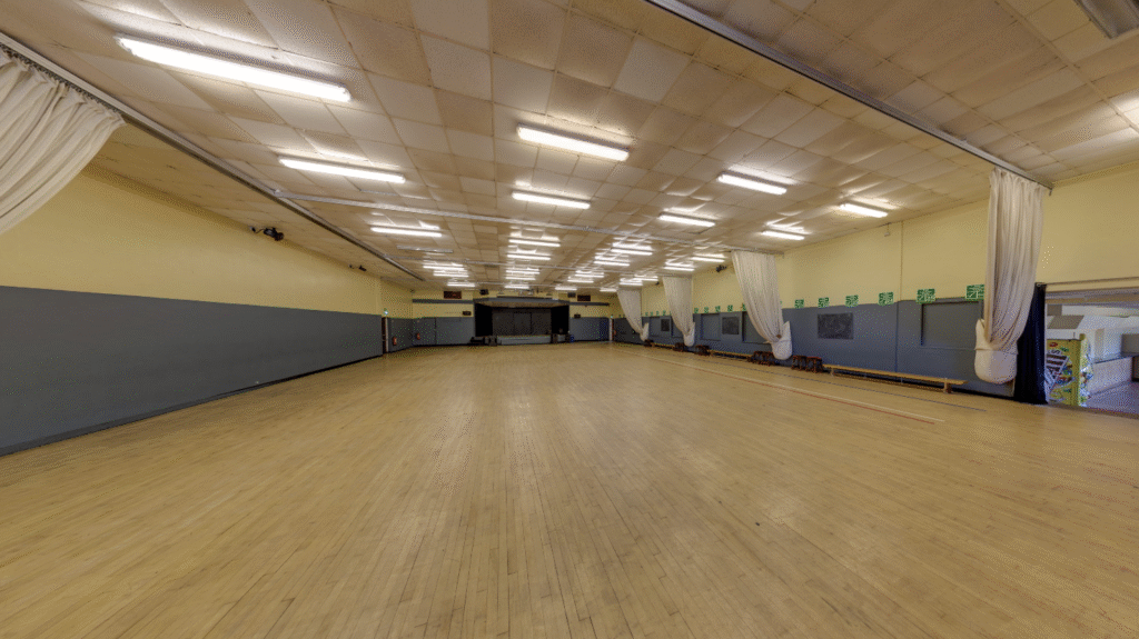 Recent photo of Barton Hall in Torquay showing the ballroom