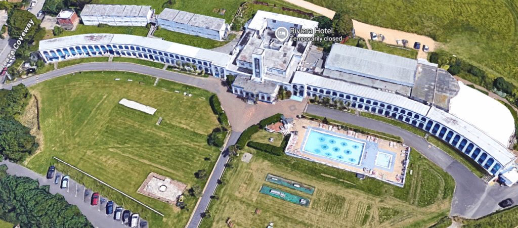 Aerial view of the Riviera Hotel, Bowleaze Cove, near Weymouth