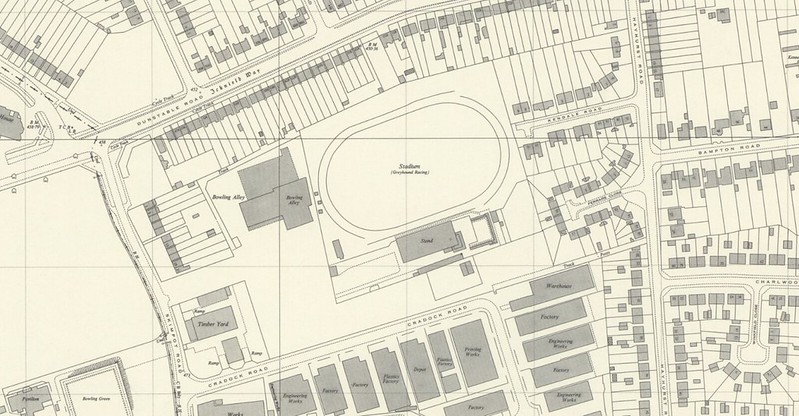 old 1960s map of Luton Stadium showing the new Cesar's Palace next door, simply marked as a bowling alley