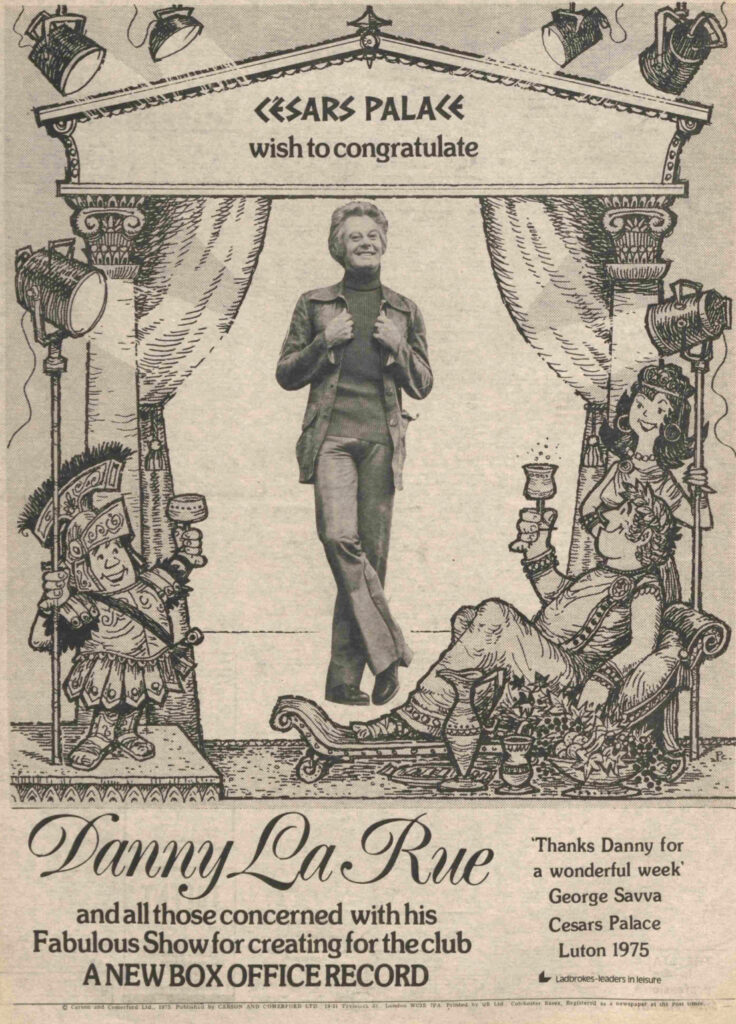 Cesar's Palace advert from 1975 featuring Danny La Rue