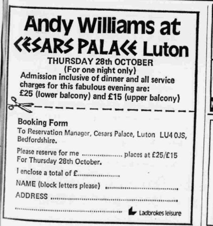 Cesar's Palace advert from 1975 featuring Andy Williams