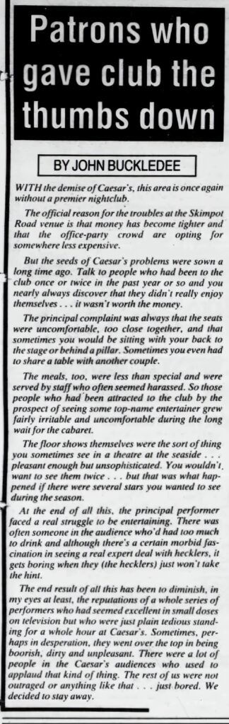 negative review of caesar's Palace from the Dunstable Gazette February 1990